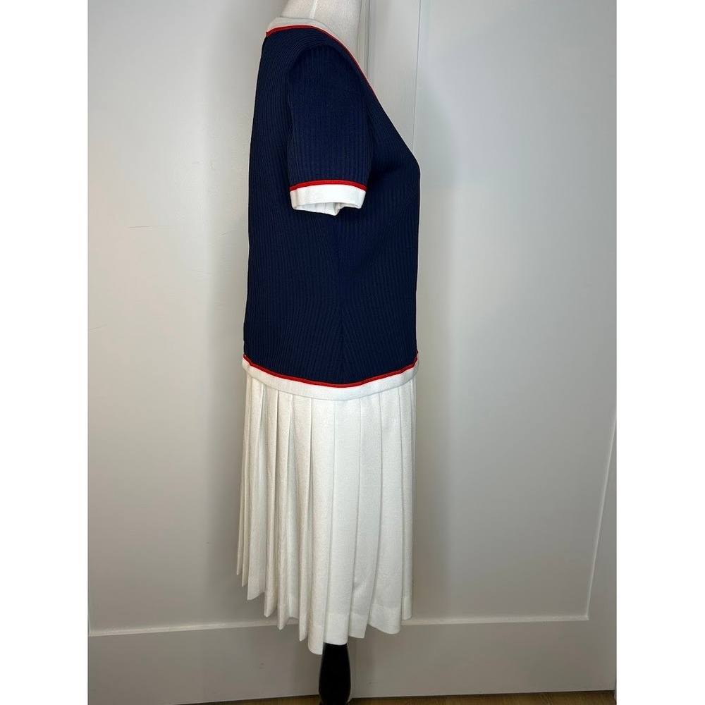 Vintage 1970s Leslie Fay Navy Blue White Pleated Knit Dress Red Trim V-Neck - Picture 5 of 15